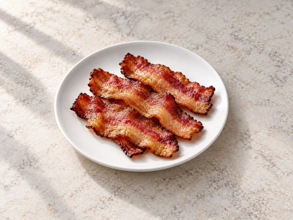Three strips of crispy bacon on a white plate
