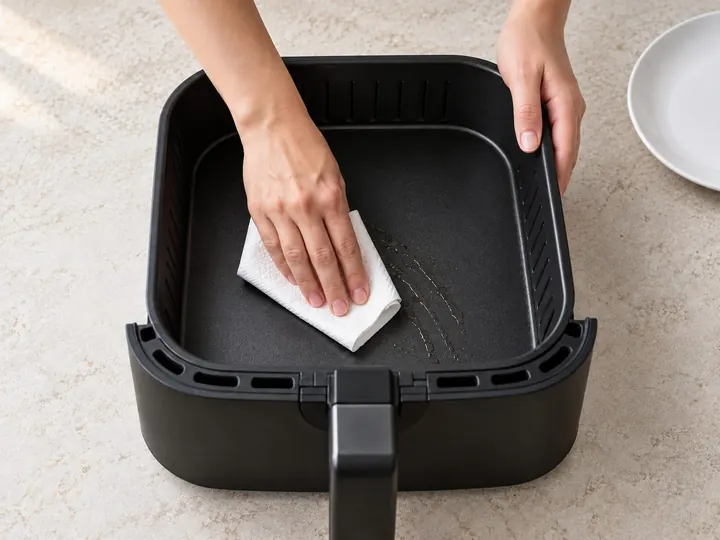 Step 1: With the air fryer cool, empty old grease from the drawer and wipe it clean.