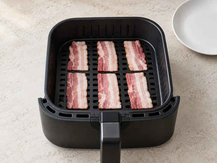 Step 2: Halve long bacon strips. Lay them flat in the cold basket, not overlapping. Cook
