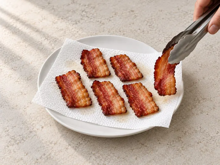 Step 4: Move the bacon to a paper-towel-lined plate with clean tongs. Let it drain, then