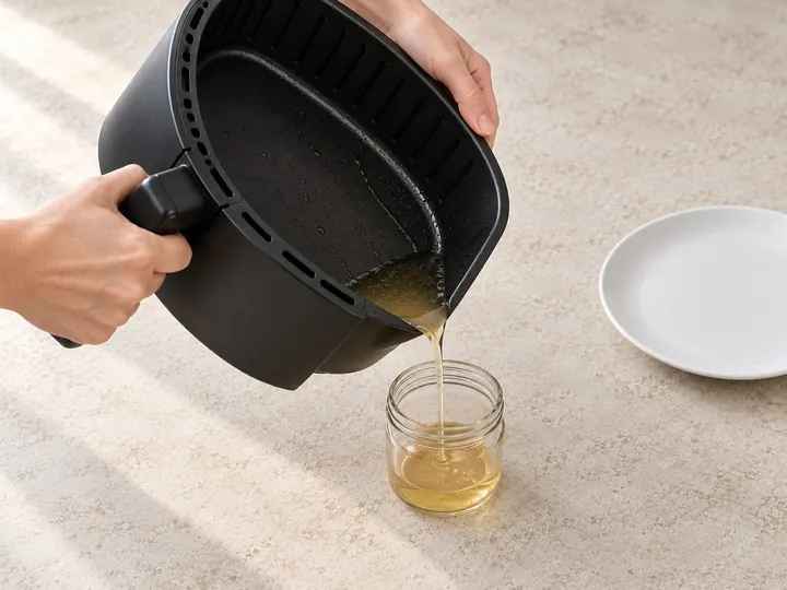 Step 5: Let the fryer cool. Pour the bacon grease into a container and throw it away, ne