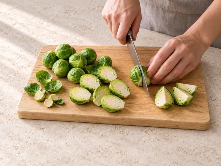 Step 2: Trim the sprout stems and pull off loose leaves. Halve the sprouts, quartering a