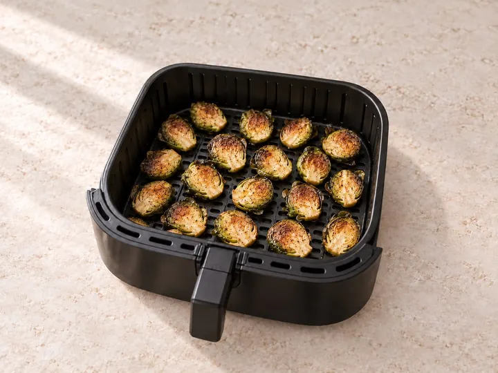 Step 6: Air fry the sprouts until deep golden with tender centers.