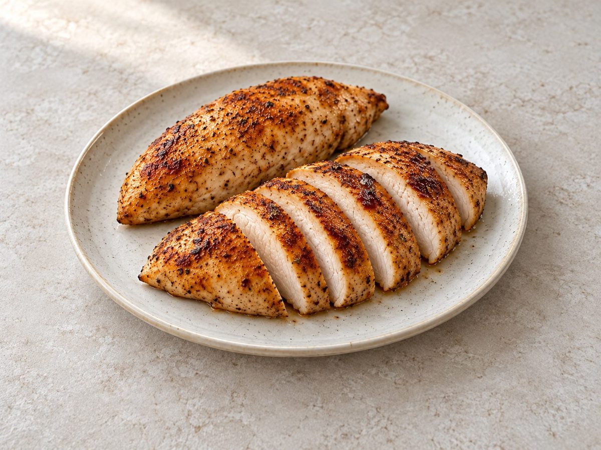 Two golden, paprika-seasoned air fryer chicken breasts on a plate, one sliced to show the juicy white center