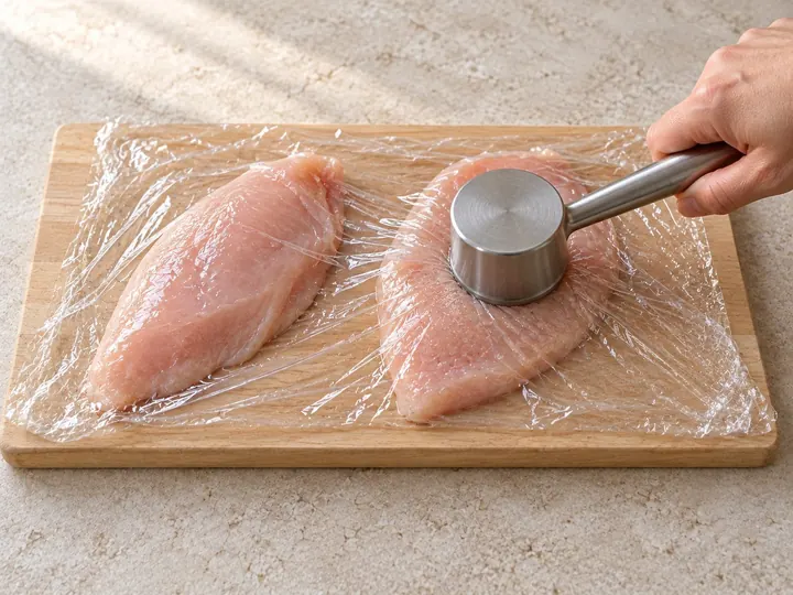Step 2: Put the breasts between sheets of plastic wrap. Gently pound the thick ends to a