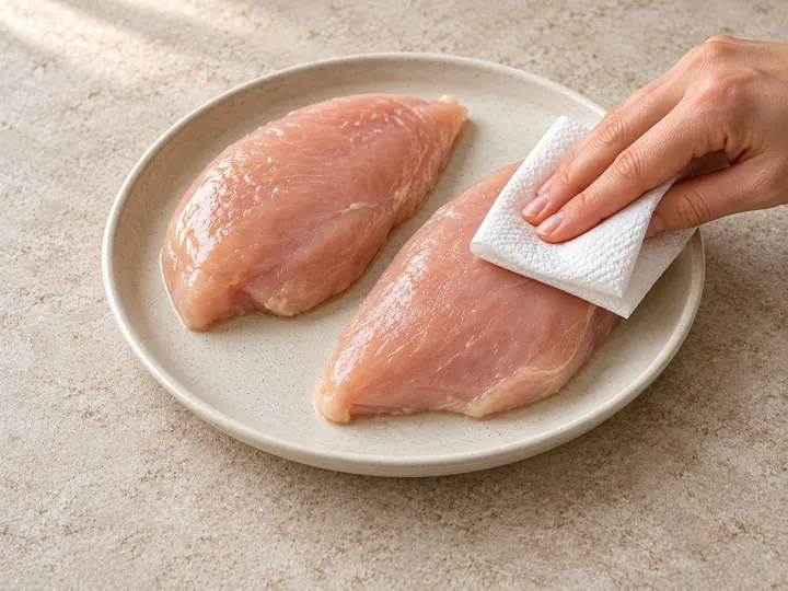 Step 3: Pat the breasts dry. Brush with oil and season both sides with the salt, paprika