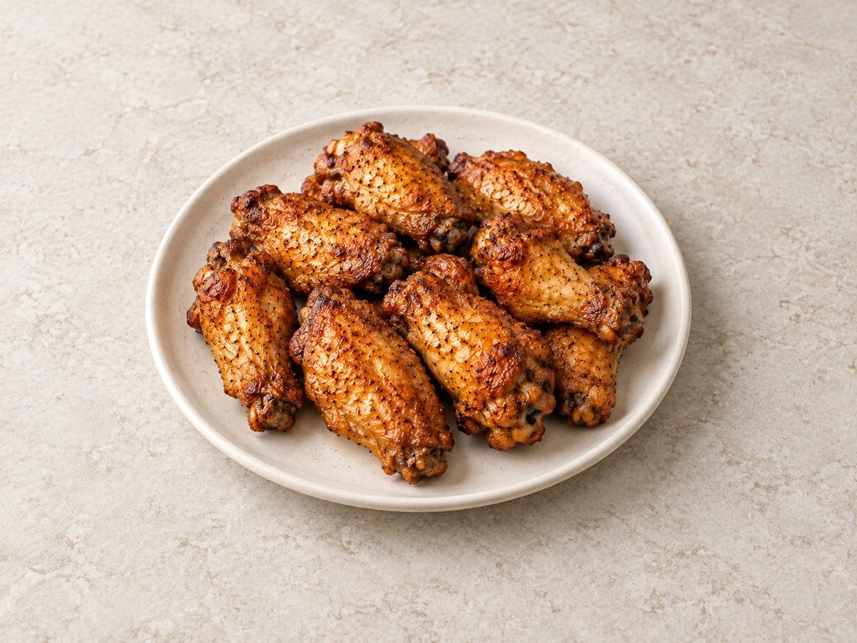 Crispy golden air fryer chicken wings seasoned with black pepper on a white plate