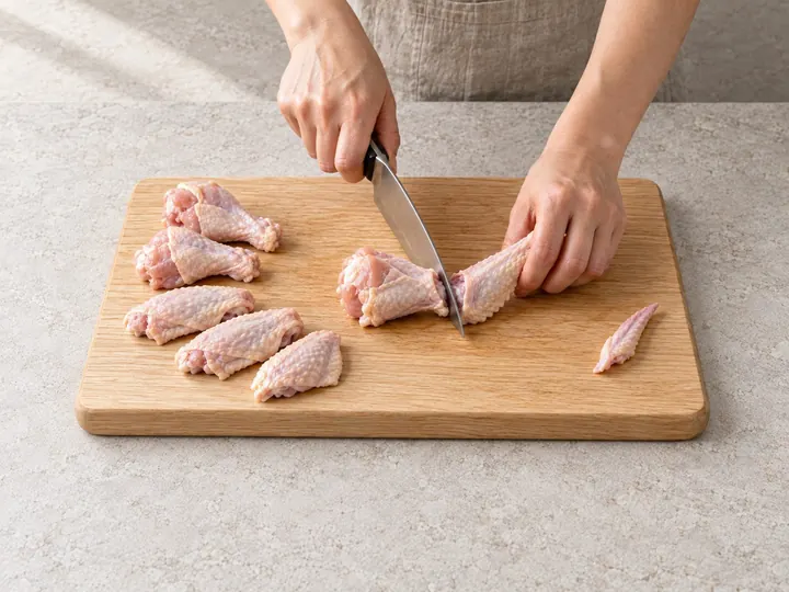 Step 2: If using whole wings, separate the flats and drumettes and throw away the tips.