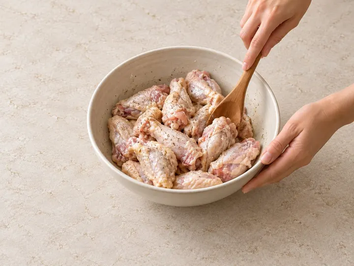 Step 4: Toss the wings with the oil, baking powder, salt and pepper.