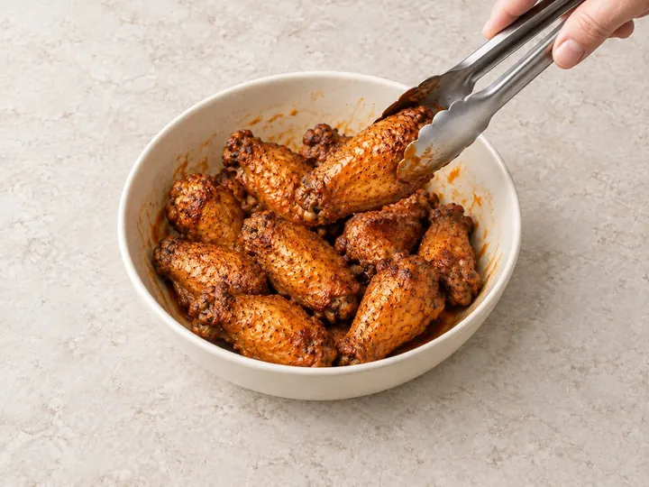 Step 8: Move the wings to a clean bowl with clean tongs. Toss with sauce and serve right