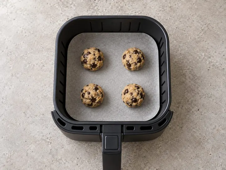 Step 7: Line the basket floor with parchment and set 4 to 6 cookie dough balls on it, 2 