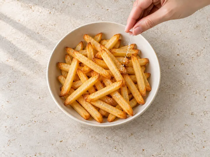 Step 5: Tip the fries into a bowl, salt while hot and serve right away.