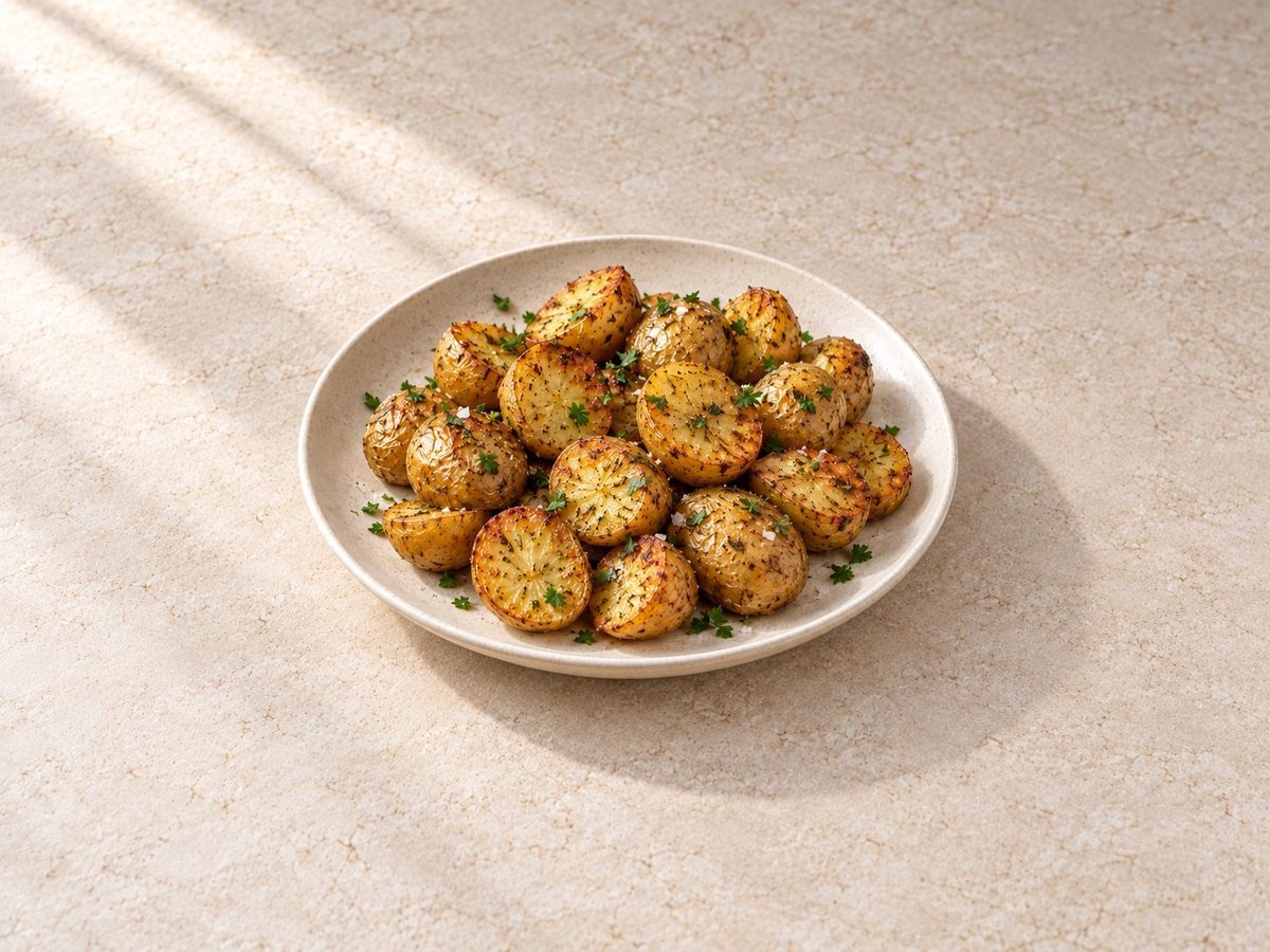 Crispy golden halved baby potatoes from the air fryer topped with parsley and flaky salt