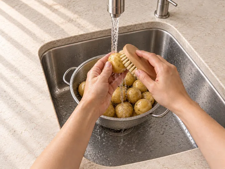 Step 1: Scrub and rinse the potatoes. No need to peel.
