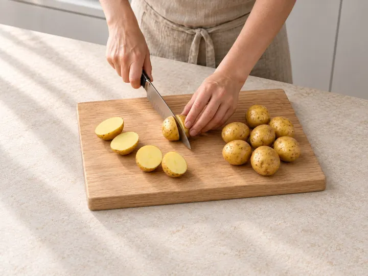 Step 3: Halve the potatoes. Quarter any bigger than a golf ball so the pieces match in s