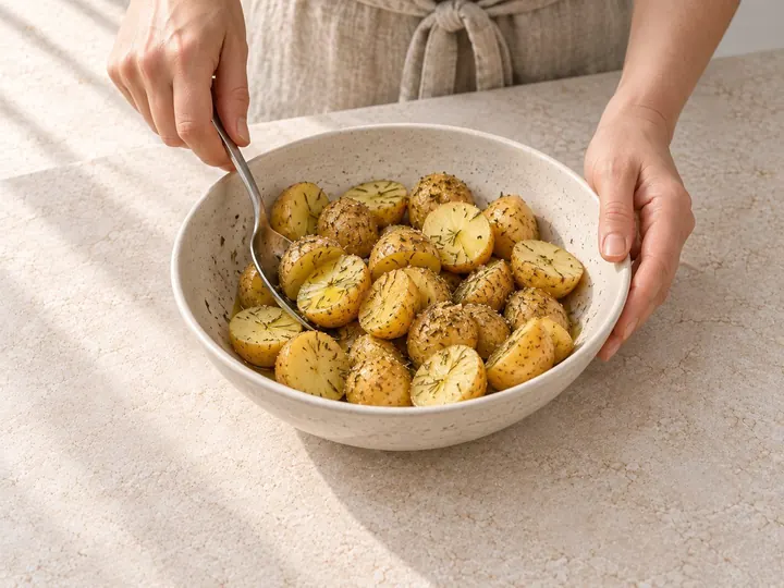 Step 4: Toss the potatoes with the oil, salt, dried herbs and garlic powder.