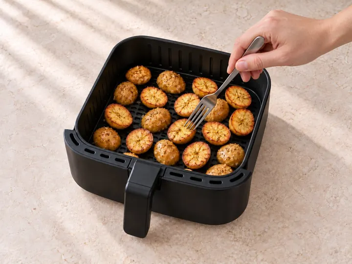 Step 8: Check a fork slides easily into the biggest potato. If still firm, keep cooking.