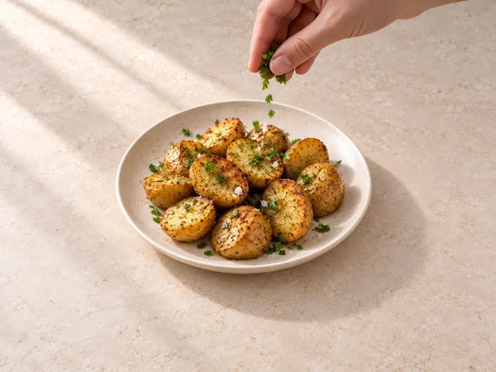 Step 9: Top the potatoes with parsley and flaky salt and serve hot.