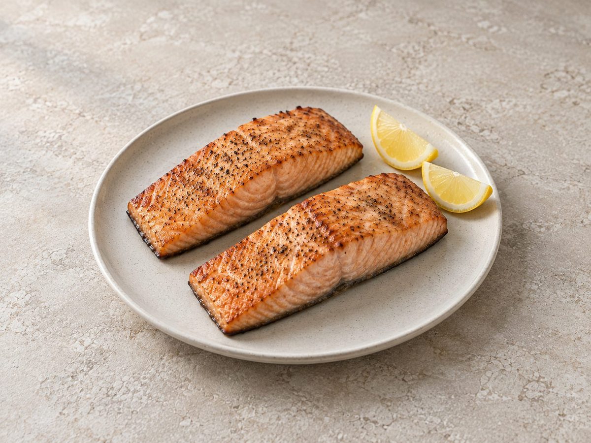 Two golden air fryer salmon fillets on a plate with lemon wedges