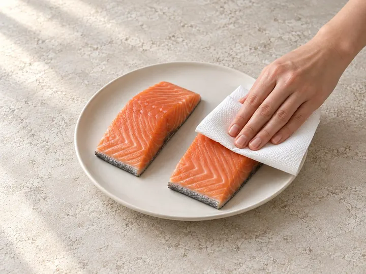 Step 1: If frozen, unwrap the salmon and thaw it in the fridge on a covered plate. Pat t