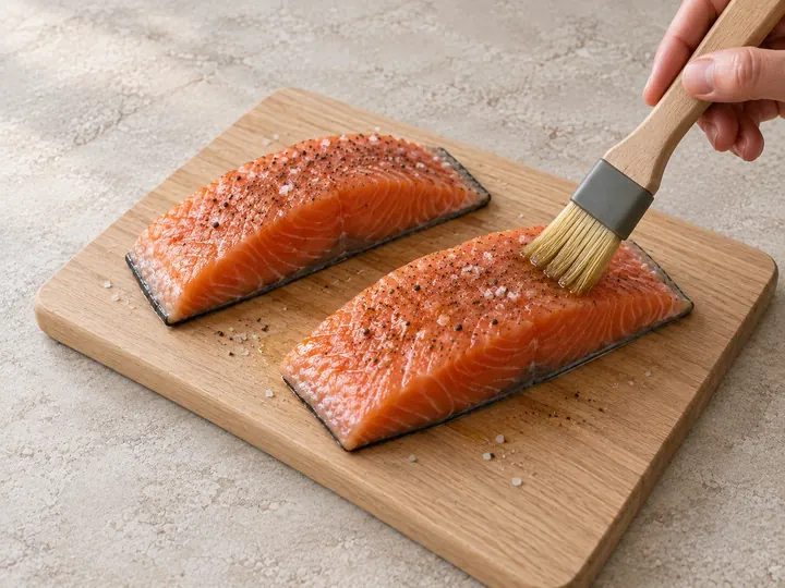 Step 2: Brush the fillets with oil and season with salt and pepper.