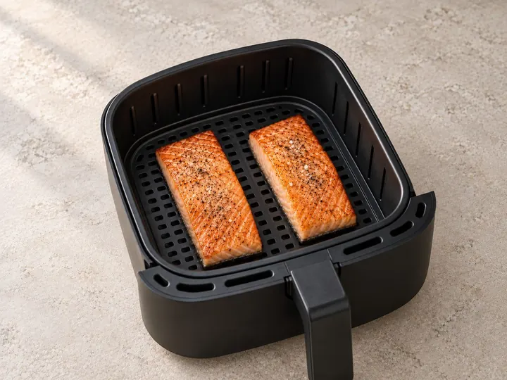 Step 5: Air fry the salmon. No need to flip.