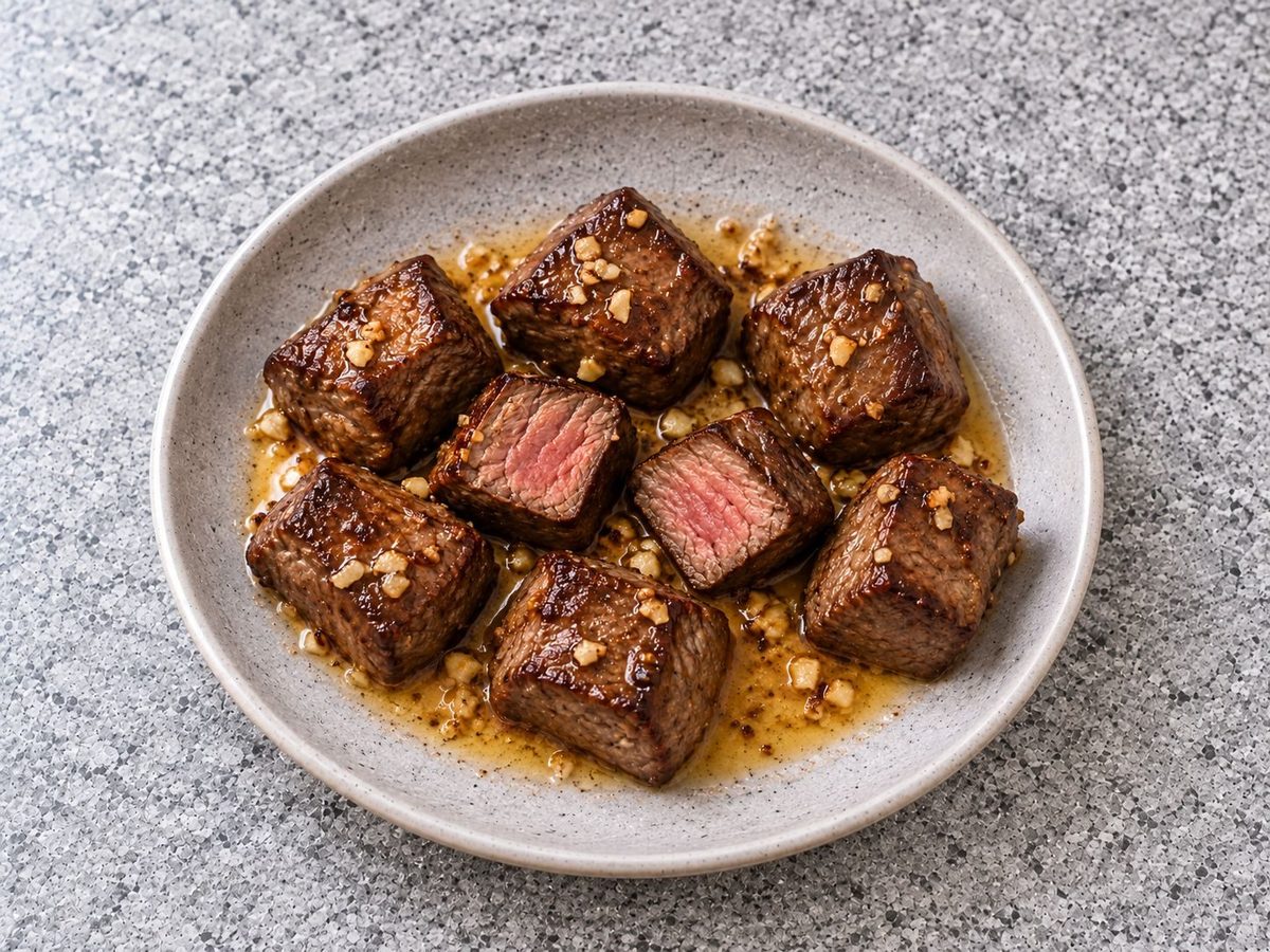 Browned air fryer steak bites in garlic butter in a bowl, two cut open to show pink centers