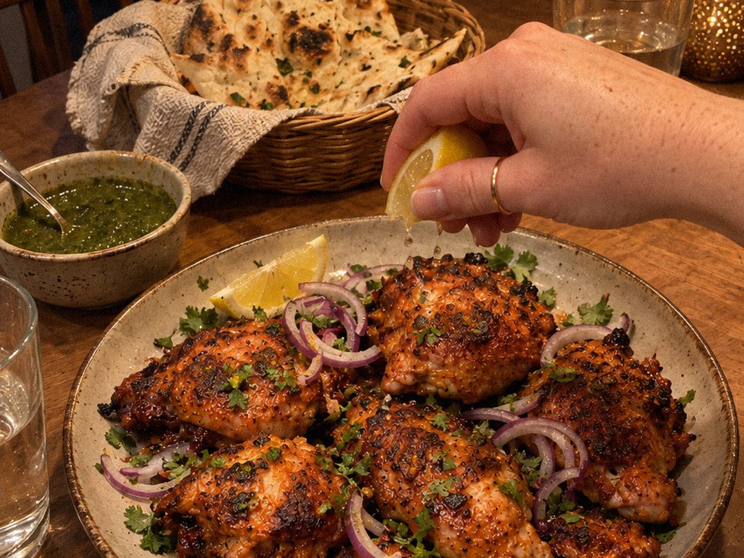Charred tandoori chicken thighs with red onion, cilantro and lemon wedges on a platter, with naan and mint chutney