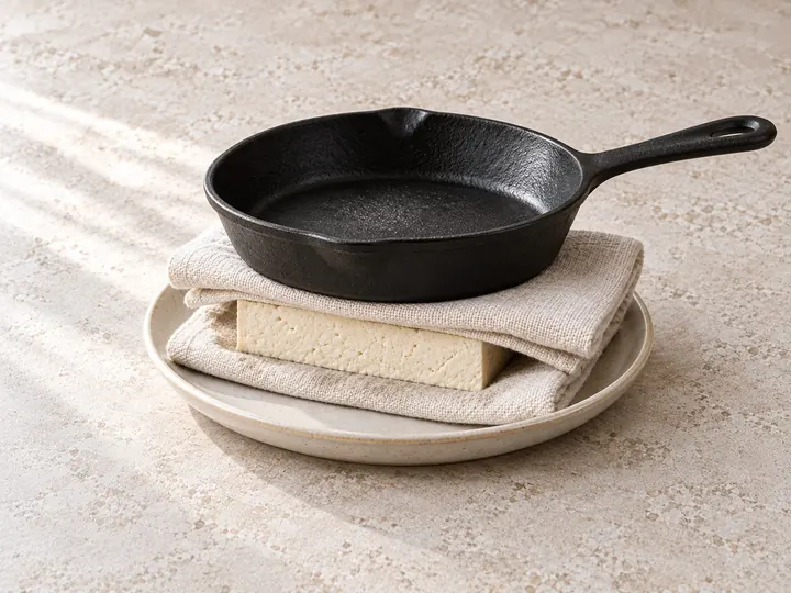 Step 1: Drain the tofu. Press it on a plate between clean towels under a heavy pan.