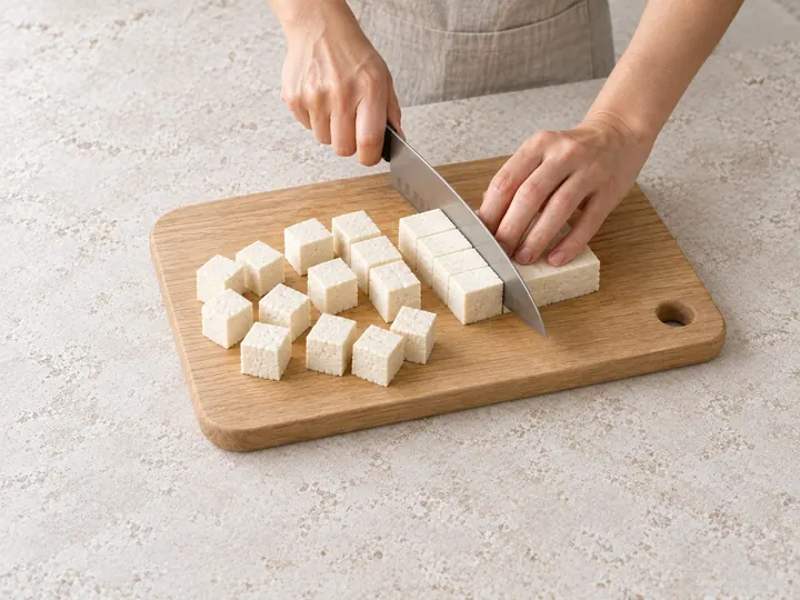 Step 2: Cut the tofu into even 1-inch cubes.