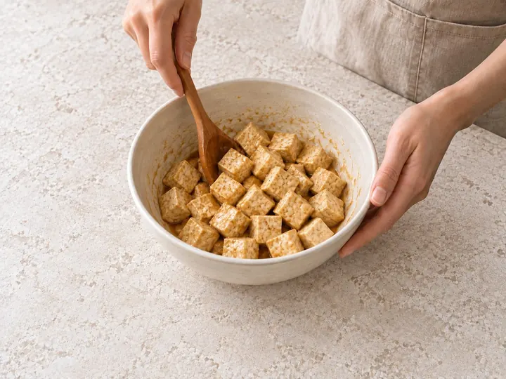 Step 3: Toss the tofu with the soy sauce and oil, then the cornstarch until no dry patch
