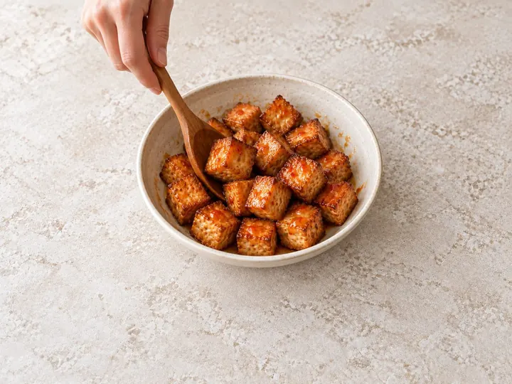 Step 7: Toss the tofu in a bowl with sauce and serve.
